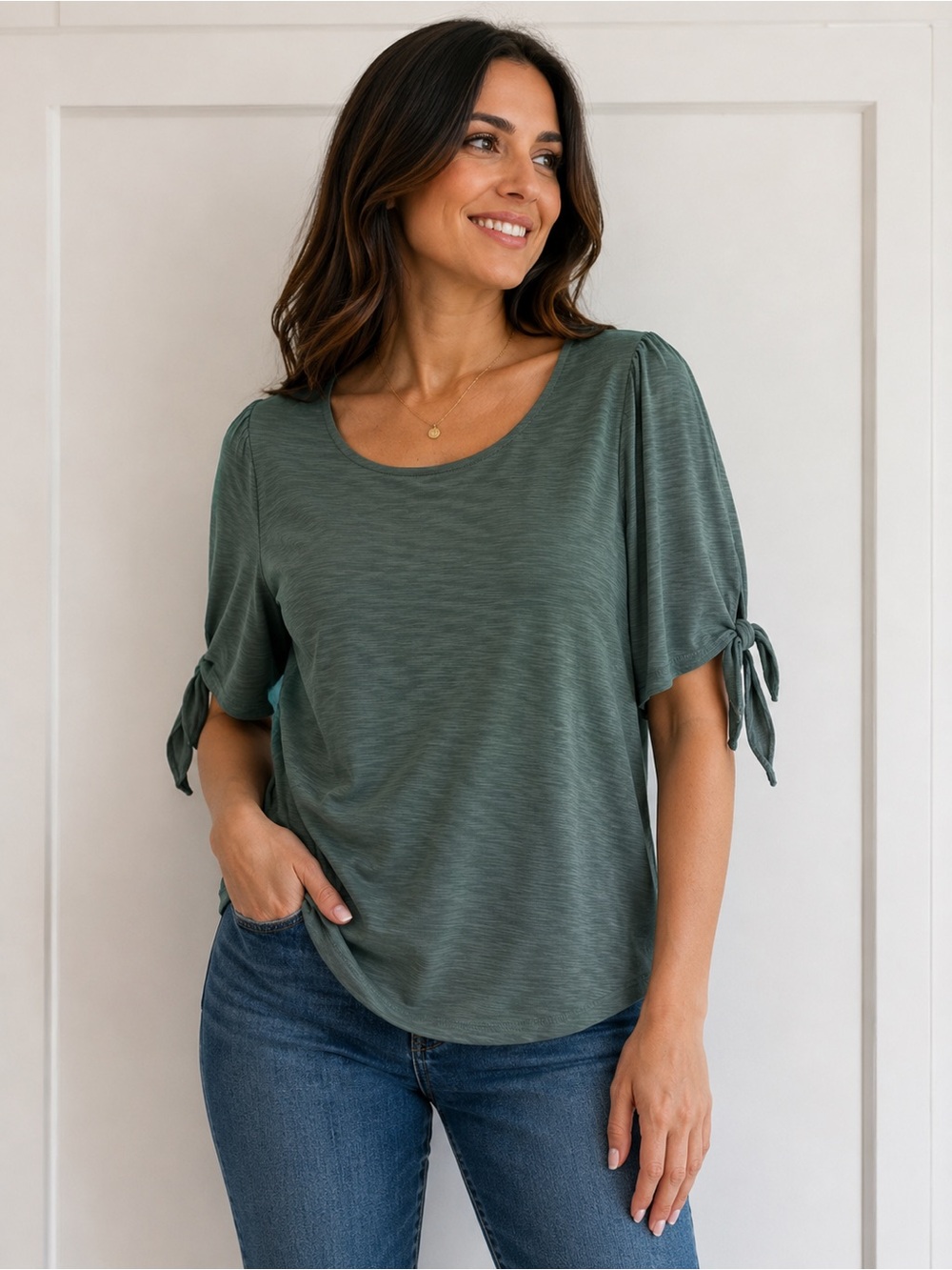 Green Envelope Sage Tie-Sleeve Short Sleeve Top